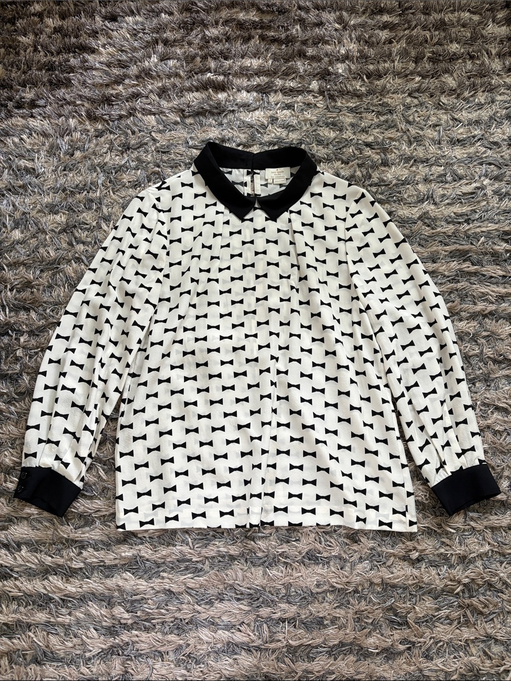 Kate Spade Silk Blend Black White Bow Print Blouse Peter Pan Collar Worktop 2